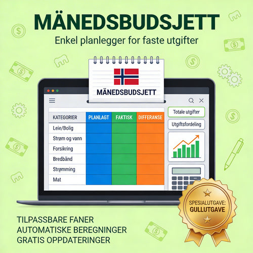 Svensk budsjettmester 2026 – Excel budsjettplanlegger (bronse-, sølv- og gullutgave)